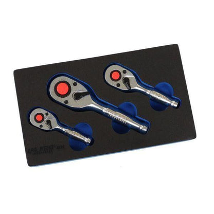 US PRO INDUSTRIAL 3PC Stubby Ratchet Set 90 Tooth 1/4" 3/8" 1/2"Dr Short Wrench 4224