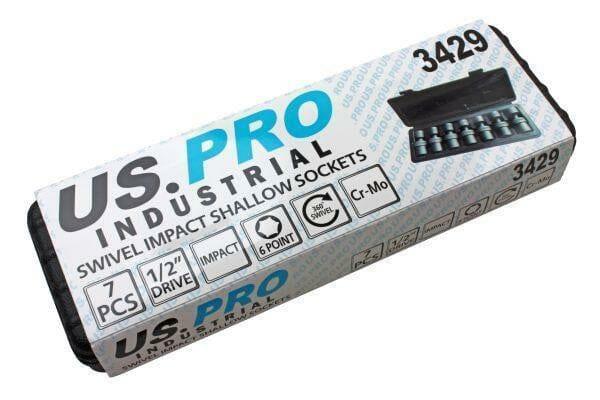 US PRO INDUSTRIAL 7 Piece 1/2" DR 6 Point Swivel Impact Shallow Sockets 13 - 21mm 3429