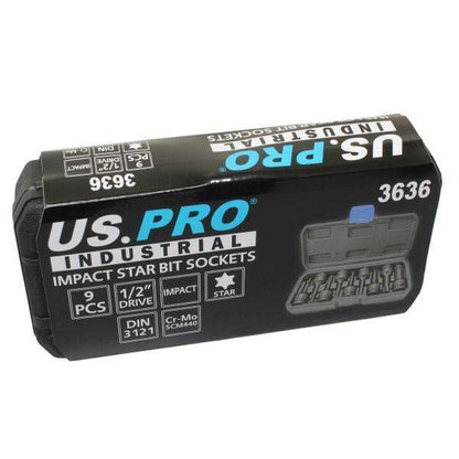 US PRO INDUSTRIAL 9pc 1/2 " dr Impact Torx Star Bit Sockets, Socket Set 3636