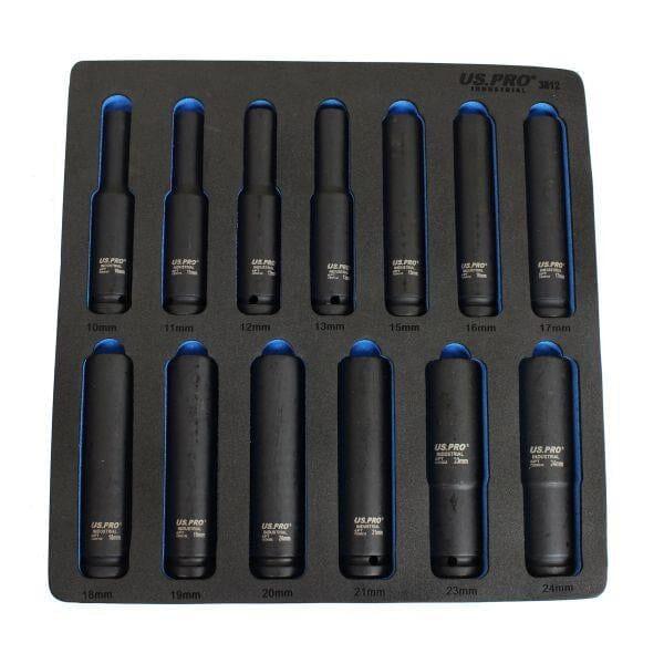 US PRO Industrial Extra Deep Impact Socket Set 1/2"Dr 13pc 10mm - 24mm 6pt Long Sockets 3812