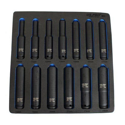 US PRO Industrial Extra Deep Impact Socket Set 1/2"Dr 13pc 10mm - 24mm 6pt Long Sockets 3812