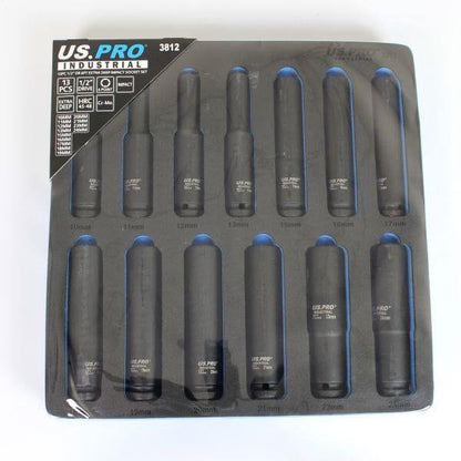 US PRO Industrial Extra Deep Impact Socket Set 1/2"Dr 13pc 10mm - 24mm 6pt Long Sockets 3812