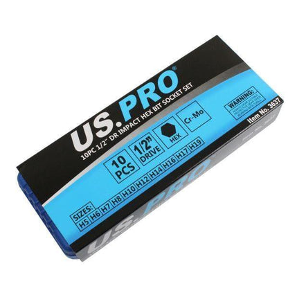 US PRO Tools 10PC 1/2" DR Impact Hex Bit Socket Set H5 - H19 Impact Allen Keys 3637