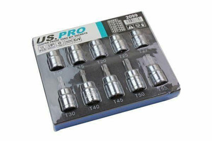 US PRO Tools 10Pc 3/8 Dr 48mm Long Tamper Proof Torx Bit Socket Set T10 - T55 2099