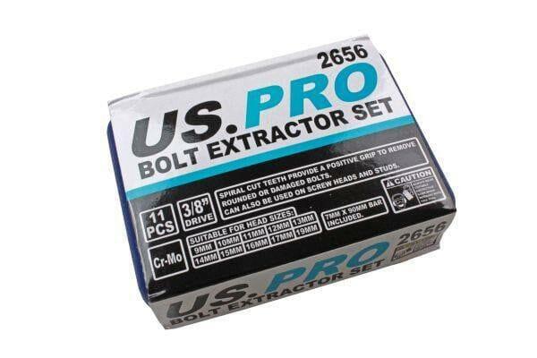 US PRO Tools 11pc Bolt Nut Extractor Set, Damaged Heads Studs Twist Sockets 2656