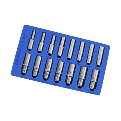 US PRO Tools 15PC 1/2" DR 6pt Deep Sockets 10 - 24mm In EVA Foam Tray 3976
