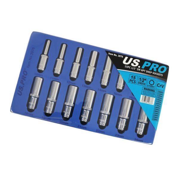 US PRO Tools 15PC 1/2" DR 6pt Deep Sockets 10 - 24mm In EVA Foam Tray 3976