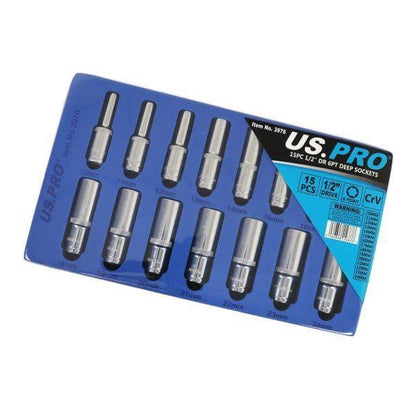 US PRO Tools 15PC 1/2" DR 6pt Deep Sockets 10 - 24mm In EVA Foam Tray 3976