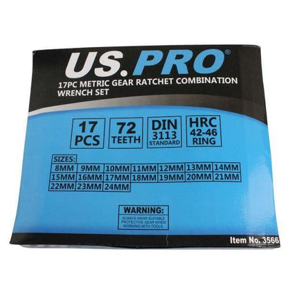 US PRO Tools 17pc 8mm-24mm Metric Gear Ratchet Wrench Spanner Set Eva Foam Tray 3566