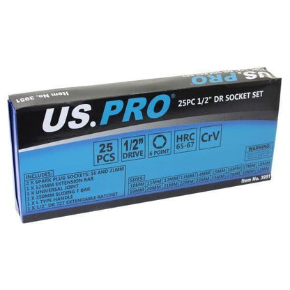 US PRO Tools 25pc 1/2" dr Extendable Ratchet Socket Set 10 - 32mm Sockets 6pt 3951