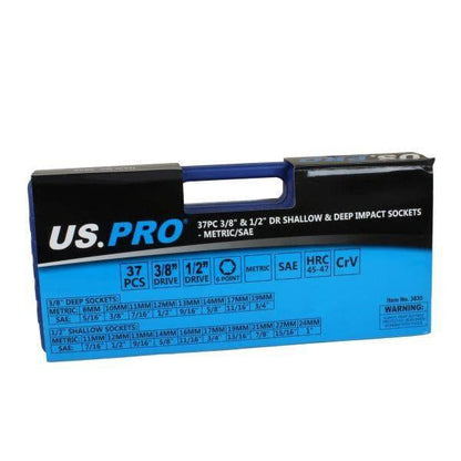 US PRO Tools 37PC 3/8" & 1/2" DR Shallow & Deep Impact Socket Set Metric/SAE 3835