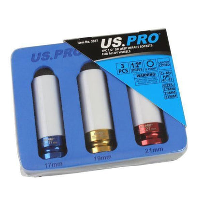 US PRO Tools 3PC 1/2" DR Alloy Wheel Impact Sockets 17, 19, 21mm 3837