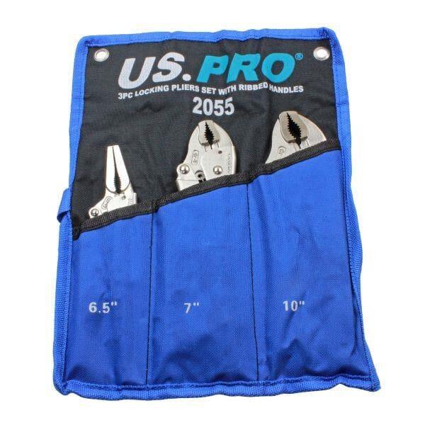 US PRO Tools 3pc Locking Pliers Set With Ribbed Handles 6", 7", 10" Mole Grips 2055