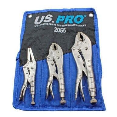 US PRO Tools 3pc Locking Pliers Set With Ribbed Handles 6", 7", 10" Mole Grips 2055