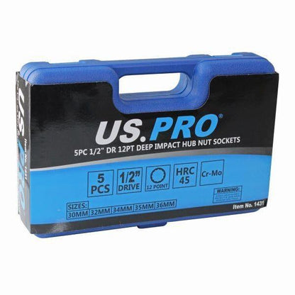 US PRO Tools 5pc 1/2" dr  Deep Impact Hub Nut Socket 30, 32, 34, 35, 36mm B1431