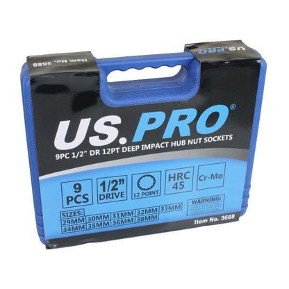 US PRO Tools 9pc 1/2" Dr 12pt Deep Impact Hub Nut Sockets 29mm to 38mm 3688