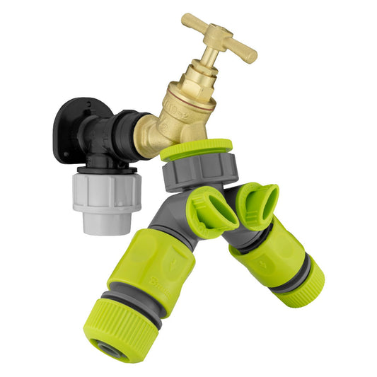 Wall Flange Kit 20mm MDPE - Brass Tap & Two Way Splitter & Connectors