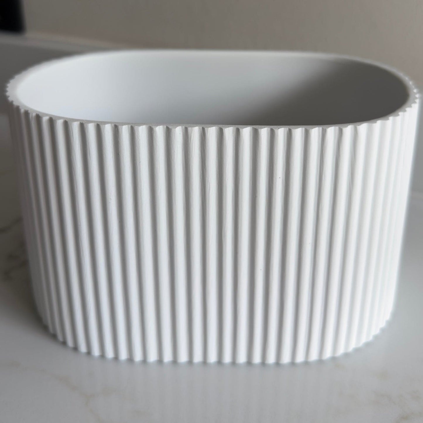 Flutini | White Fluted Oval Stone Resin Indoor Plant Pots (2 Pot Set)